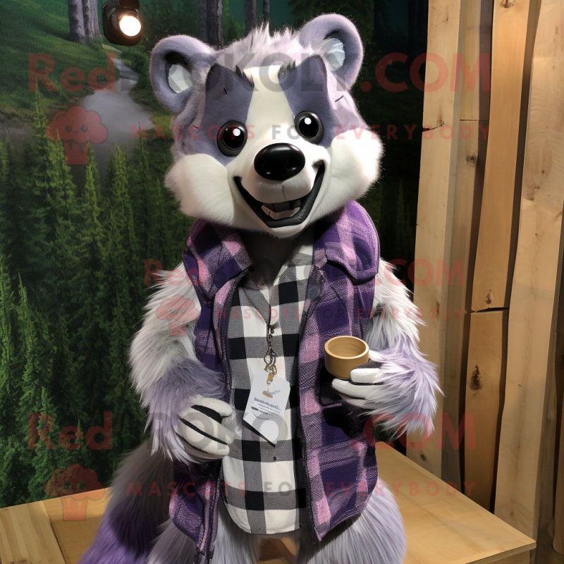 Lavender Badger mascot costume character dressed with a Flannel Shirt and Necklaces