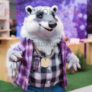 Lavender Badger mascot costume character dressed with a Flannel Shirt and Necklaces