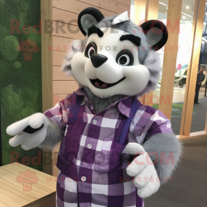 Lavender Badger mascot costume character dressed with a Flannel Shirt and Necklaces