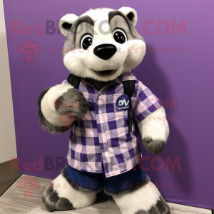 Lavender Badger mascot costume character dressed with a Flannel Shirt and Necklaces