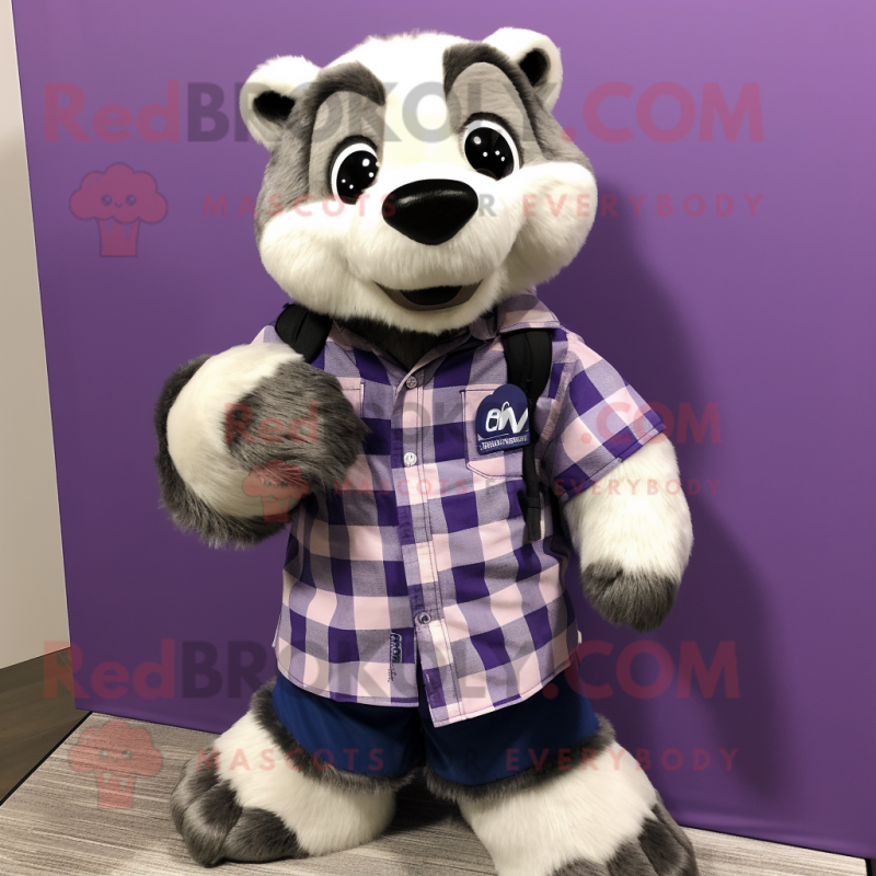 Lavender Badger mascot costume character dressed with a Flannel Shirt and Necklaces Lavender Badger mascot costume character dressed with a Flannel Shirt and Necklaces