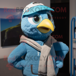 Cyan Falcon mascot costume character dressed with a Cardigan and Beanies