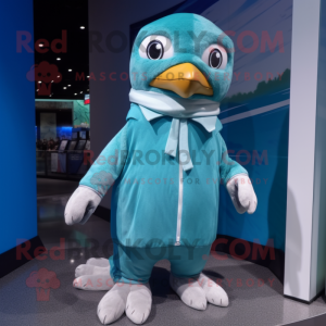 Cyan Falcon mascot costume character dressed with a Cardigan and Beanies