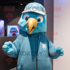 Cyan Falcon mascot costume character dressed with a Cardigan and Beanies