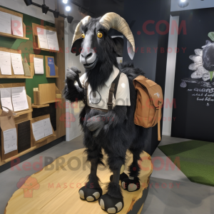 Black Boer Goat mascot costume character dressed with a Oxford Shirt and Backpacks