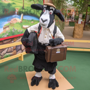 Black Boer Goat mascot costume character dressed with a Oxford Shirt and Backpacks