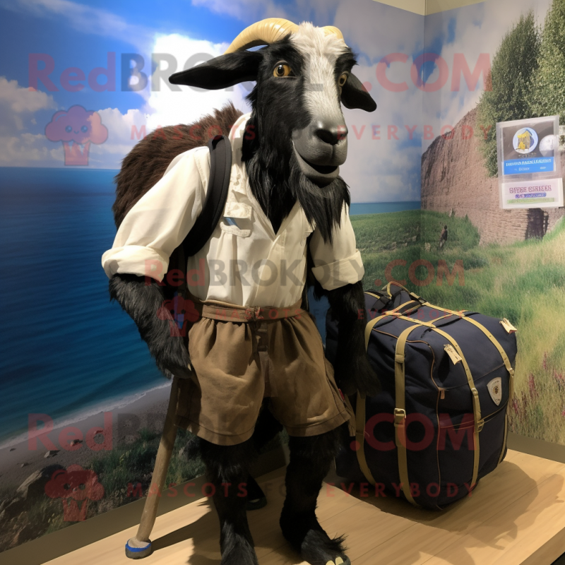 Black Boer Goat mascot costume character dressed with a Oxford Shirt and Backpacks