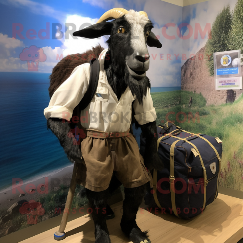 Black Boer Goat mascot costume character dressed with a Oxford Shirt and Backpacks Black Boer Goat mascot costume character dressed with a Oxford Shirt and Backpacks