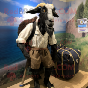 Black Boer Goat mascot costume character dressed with a Oxford Shirt and Backpacks