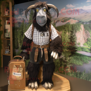 Black Boer Goat mascot costume character dressed with a Oxford Shirt and Backpacks