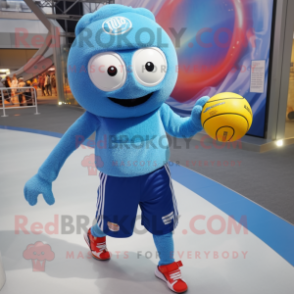 Blue Handball Ball mascot costume character dressed with a Jeggings and Beanies