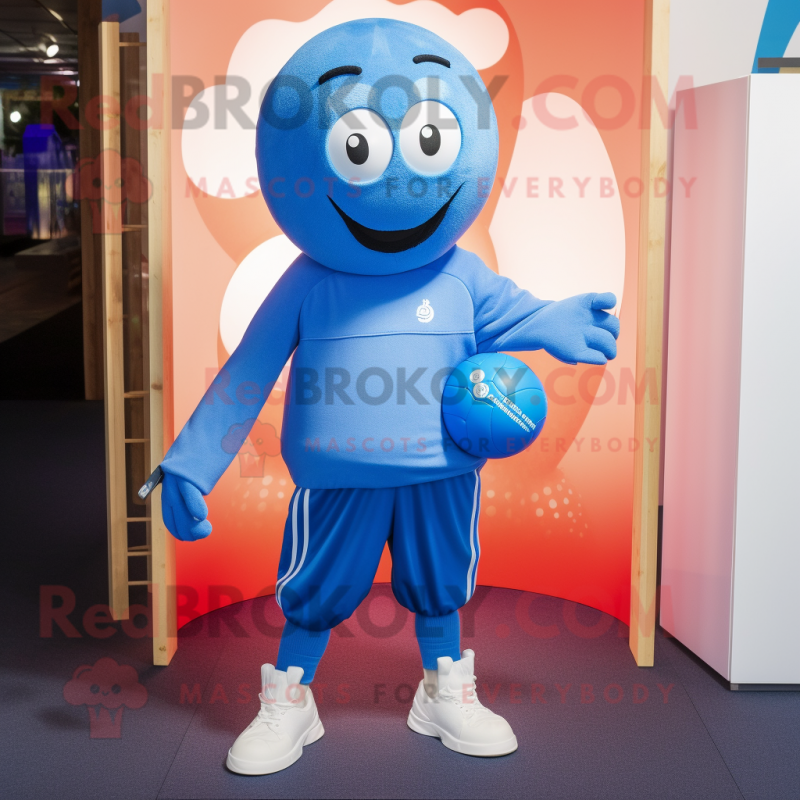 Blue Handball Ball mascot costume character dressed with a Jeggings and Beanies Blue Handball Ball mascot costume character dressed with a Jeggings and Beanies