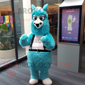 Cyan Llama mascot costume character dressed with a Dress Pants and Bracelet watches