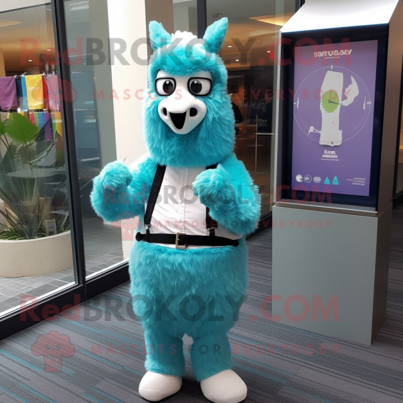 Cyan Llama mascot costume character dressed with a Dress Pants and Bracelet watches Cyan Llama mascot costume character dressed with a Dress Pants and Bracelet watches