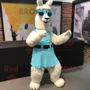 Cyan Llama mascot costume character dressed with a Dress Pants and Bracelet watches