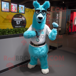 Cyan Llama mascot costume character dressed with a Dress Pants and Bracelet watches