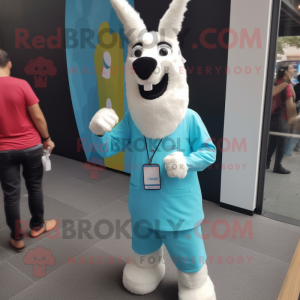Cyan Llama mascot costume character dressed with a Dress Pants and Bracelet watches