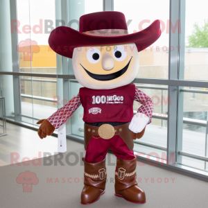 Maroon Cowboy mascot costume character dressed with a Mini Skirt and Pocket squares