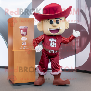 Maroon Cowboy mascot costume character dressed with a Mini Skirt and Pocket squares