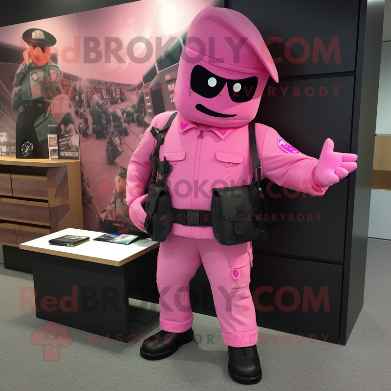 Pink Para Commando mascot costume character dressed with a Suit Jacket and Wallets