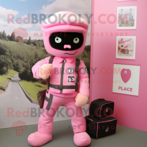 Pink Para Commando mascot costume character dressed with a Suit Jacket and Wallets