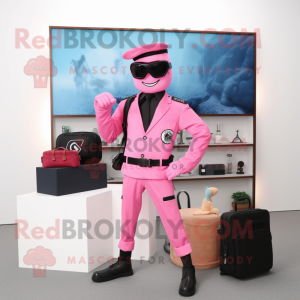 Pink Para Commando mascot costume character dressed with a Suit Jacket and Wallets