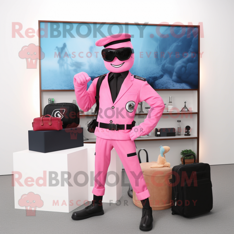 Pink Para Commando mascot costume character dressed with a Suit Jacket and Wallets Pink Para Commando mascot costume character dressed with a Suit Jacket and Wallets