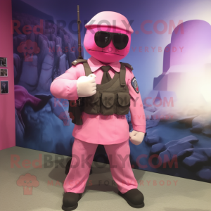 Pink Para Commando mascot costume character dressed with a Suit Jacket and Wallets