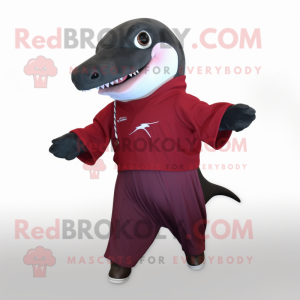 Maroon Killer Whale mascot costume character dressed with a Bermuda Shorts and Scarf clips