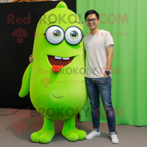 Lime Green Green Bean mascot costume character dressed with a Boyfriend Jeans and Eyeglasses
