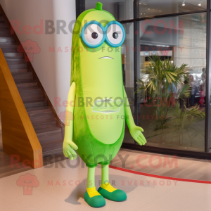 Lime Green Green Bean mascot costume character dressed with a Boyfriend Jeans and Eyeglasses
