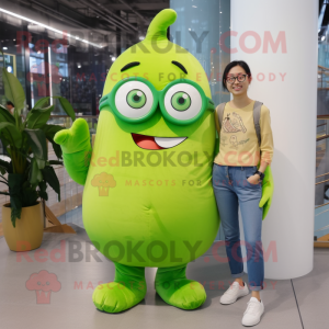 Lime Green Green Bean mascot costume character dressed with a Boyfriend Jeans and Eyeglasses