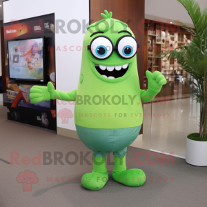 Lime Green Green Bean mascot costume character dressed with a Boyfriend Jeans and Eyeglasses