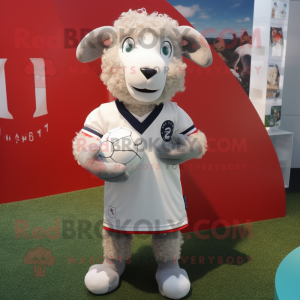 Silver Merino Sheep mascot costume character dressed with a Rugby Shirt and Pocket squares