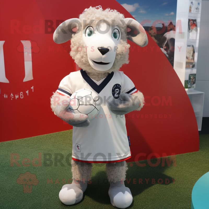 Silver Merino Sheep mascot costume character dressed with a Rugby Shirt and Pocket squares