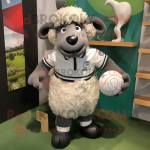 Silver Merino Sheep mascot costume character dressed with a Rugby Shirt and Pocket squares