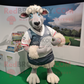 Silver Merino Sheep mascot costume character dressed with a Rugby Shirt and Pocket squares