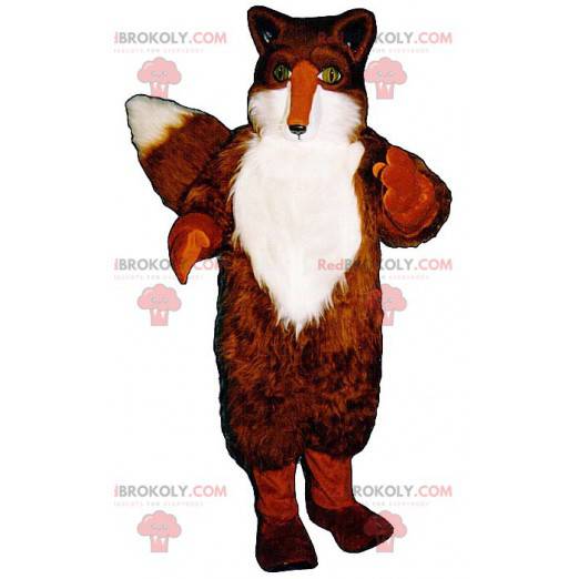 Mascotte de renard orange et blanc aux yeux verts -