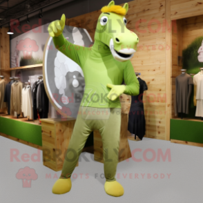 Olive Horse mascot costume character dressed with a Graphic Tee and Foot pads