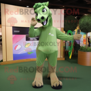 Olive Horse mascot costume character dressed with a Graphic Tee and Foot pads