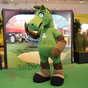 Olive Horse mascot costume character dressed with a Graphic Tee and Foot pads
