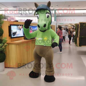 Olive Horse mascot costume character dressed with a Graphic Tee and Foot pads