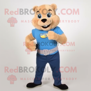 Beige Mongoose mascot costume character dressed with a Jeans and Bracelet watches