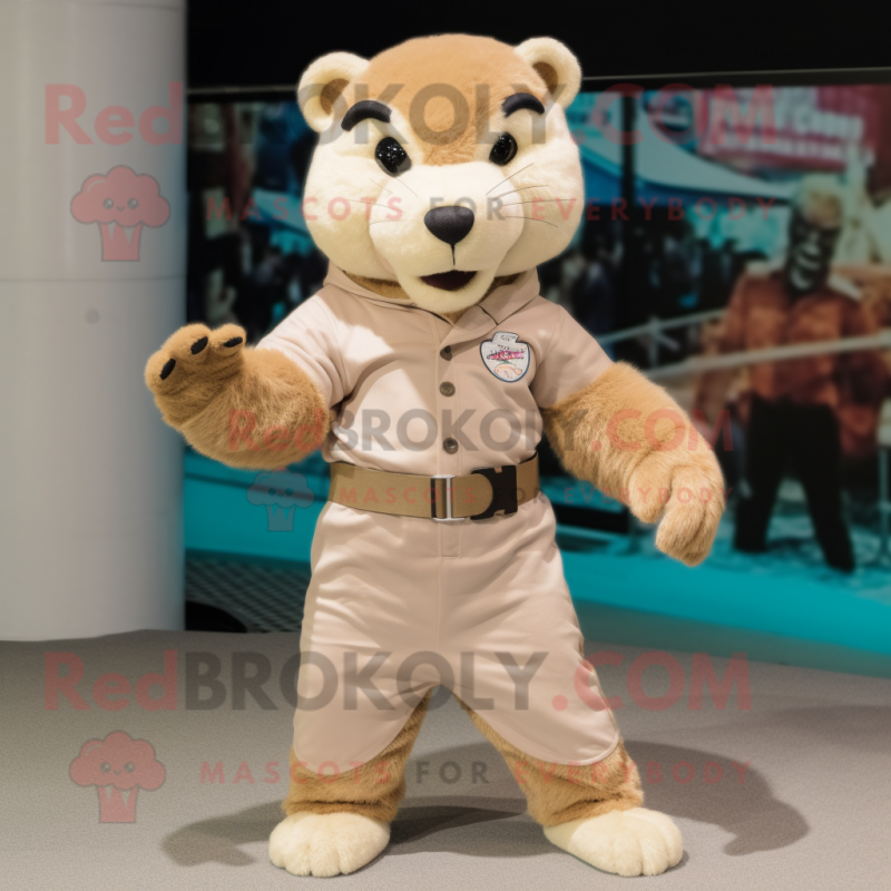 Beige Mongoose mascot costume character dressed with a Jeans and Bracelet watches