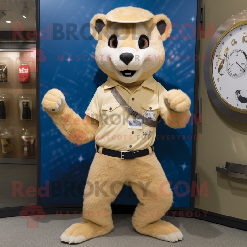 Beige Mongoose mascot costume character dressed with a Jeans and Bracelet watches