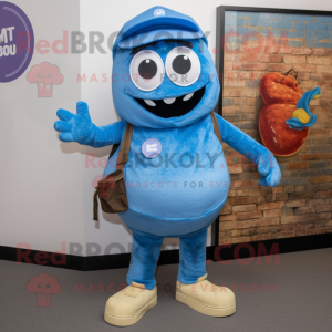 Blue Bagels mascot costume character dressed with a Denim Shorts and Messenger bags