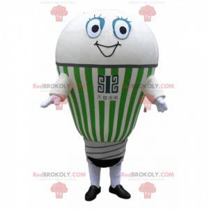 Mascota gigante bombilla blanca y verde sonriendo -