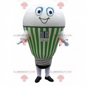 Mascote gigante com bolbo branco e verde sorrindo -
