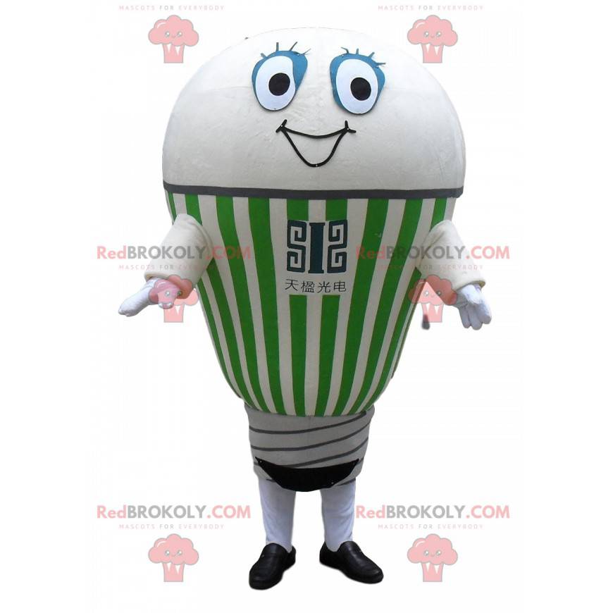 Mascote gigante com bolbo branco e verde sorrindo -