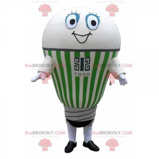 Mascota gigante bombilla blanca y verde sonriendo -